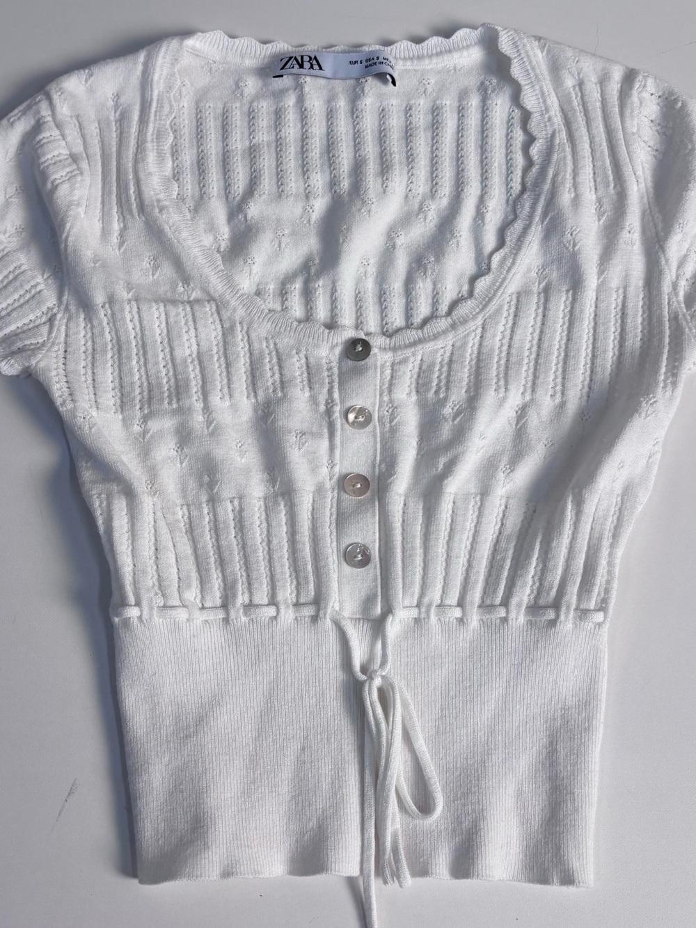 Zara White Ribbed Button-Front Crop Top with Waist Tie